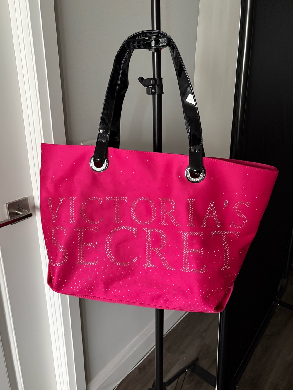Victoria's Secret Hot Pink Tote with Black Patent Handles